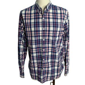 Old Navy Slim Button Down Shirt XL White Blue Plaid Long Sleeve Pocket Cotton